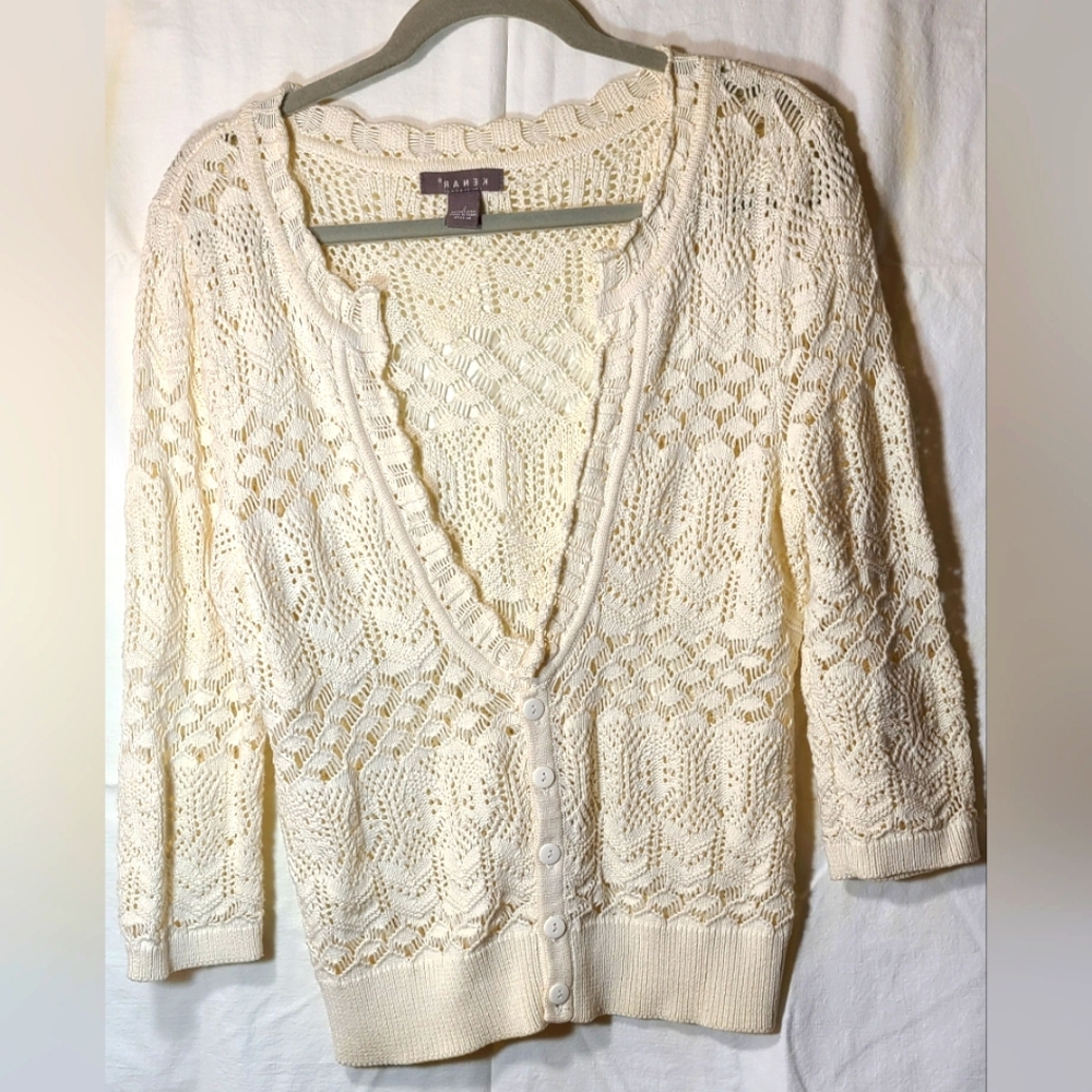 Kenar 100%Cotton Bug Cardigan Sweater 3/4 Sleeves Button Down Ivory SzL